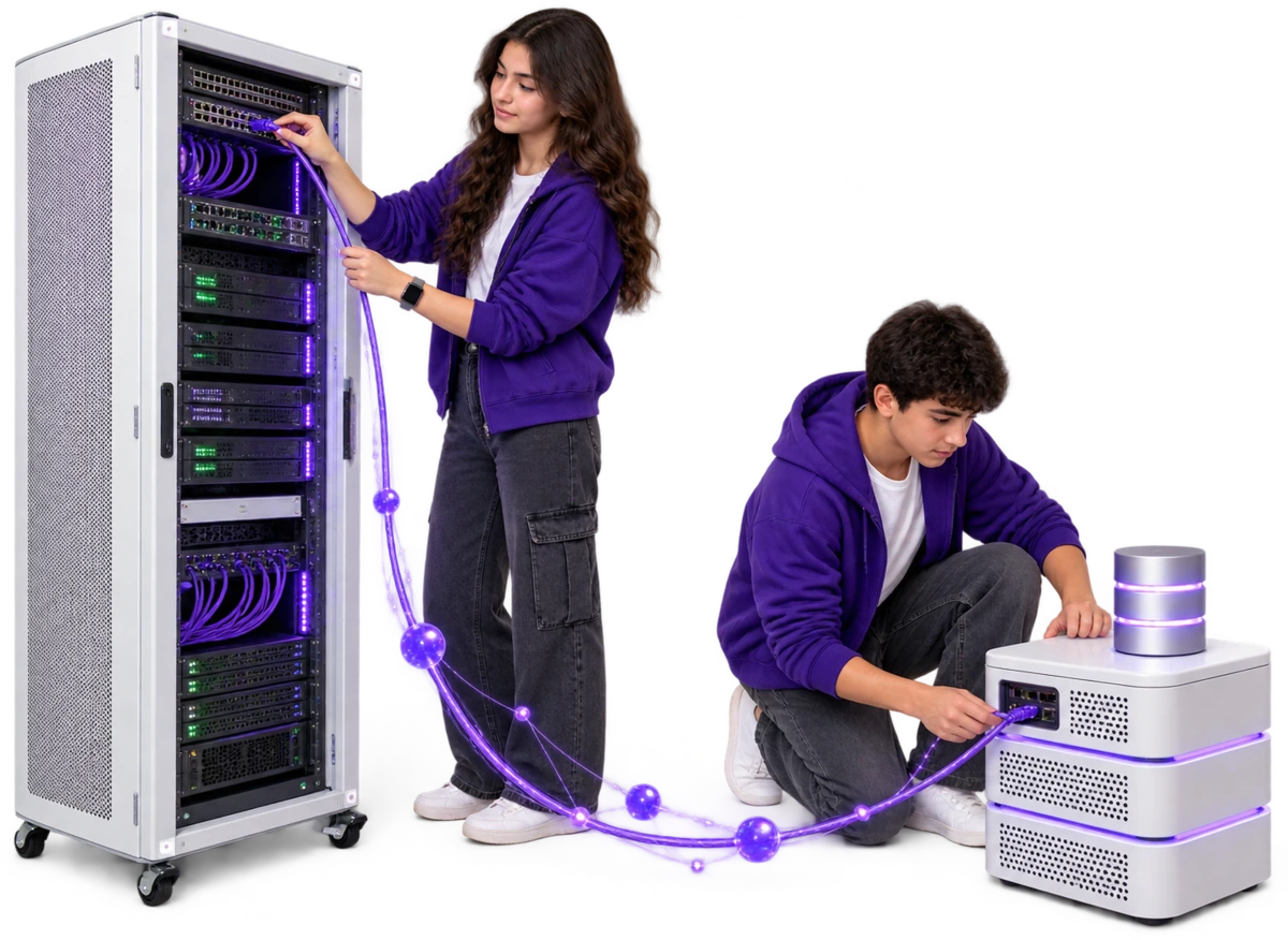 Server şkafına və verilənlər bazasına kabel qoşan iki uşaq