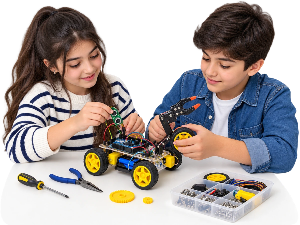 Arduino ilə robot maşın yığan iki uşaq