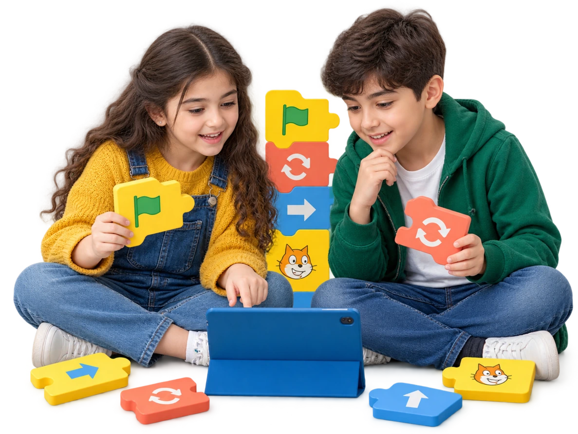 Planşetdə Scratch blokları ilə kod düzən iki uşaq